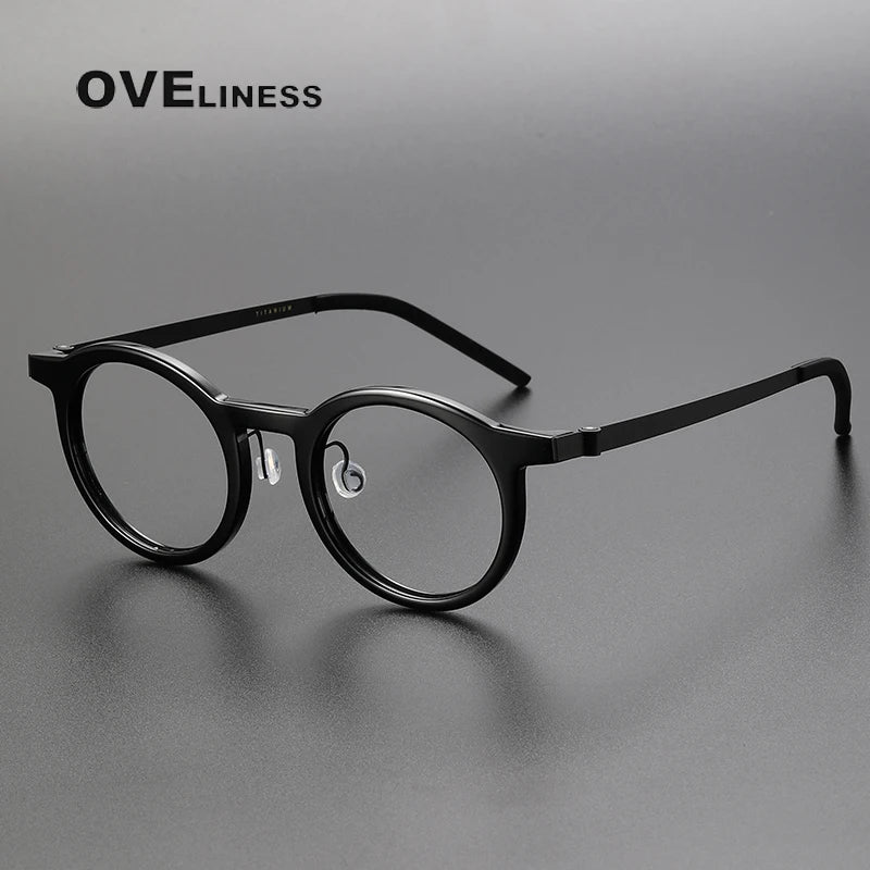 Oveliness Unisex Full Rim Round Acetate Titanium Eyeglasses 1846 Full Rim Oveliness black