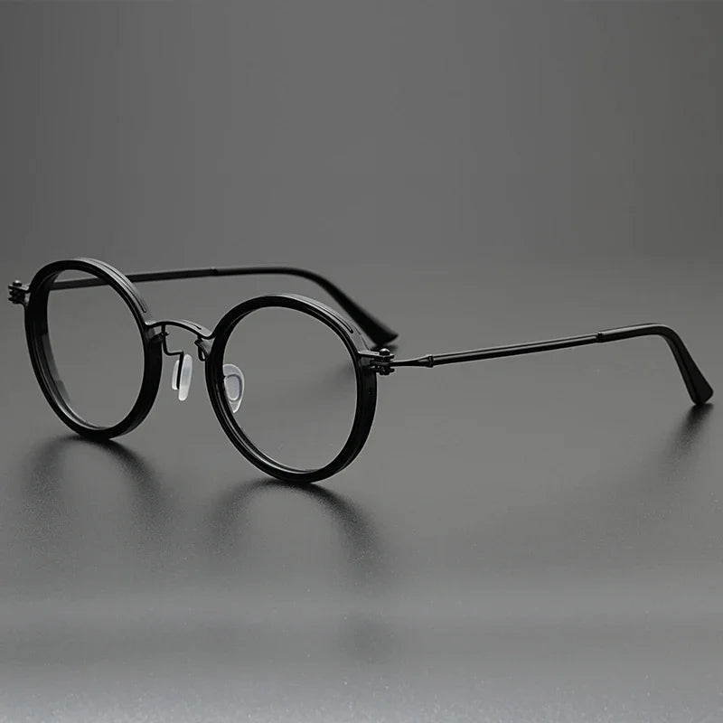 Hewei Unisex Full Rim Round Titanium Acetate Eyeglasses 0006 Full Rim Hewei black