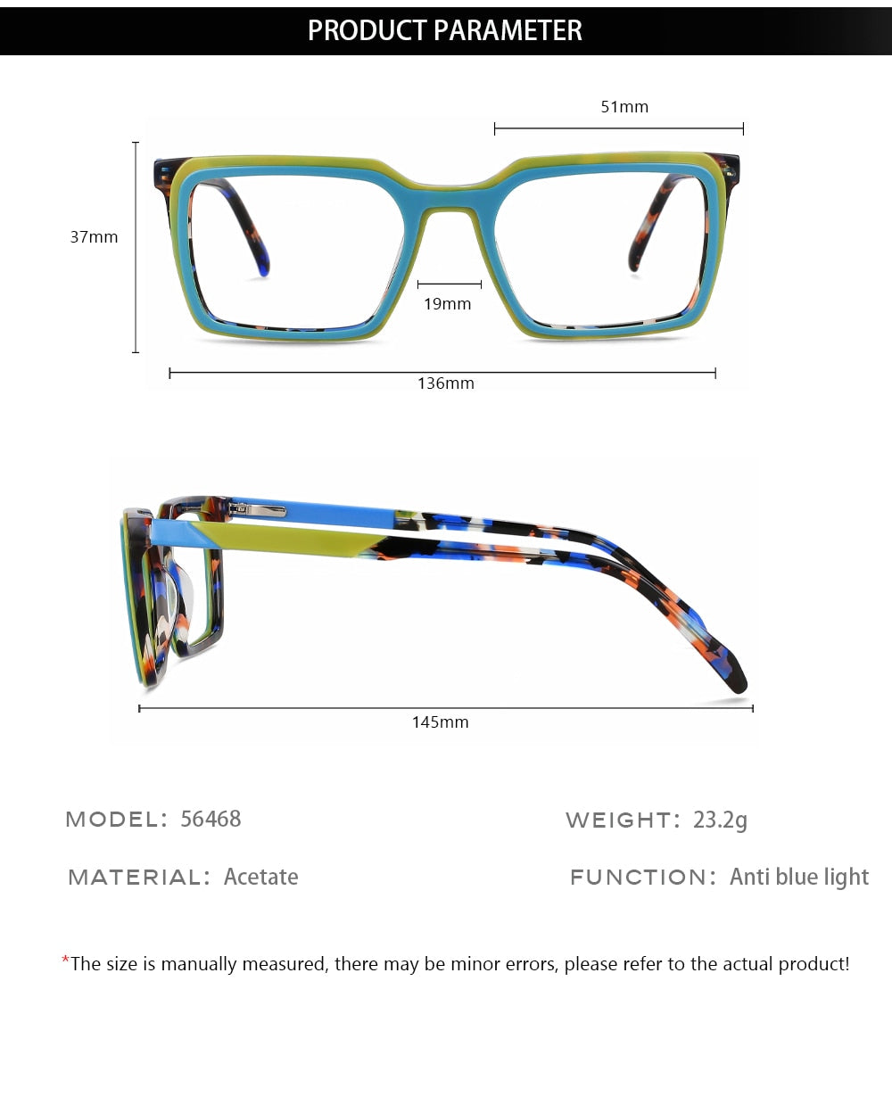 CCspace Women's Full Rim Square Acetate Eyeglasses 56468 Full Rim CCspace