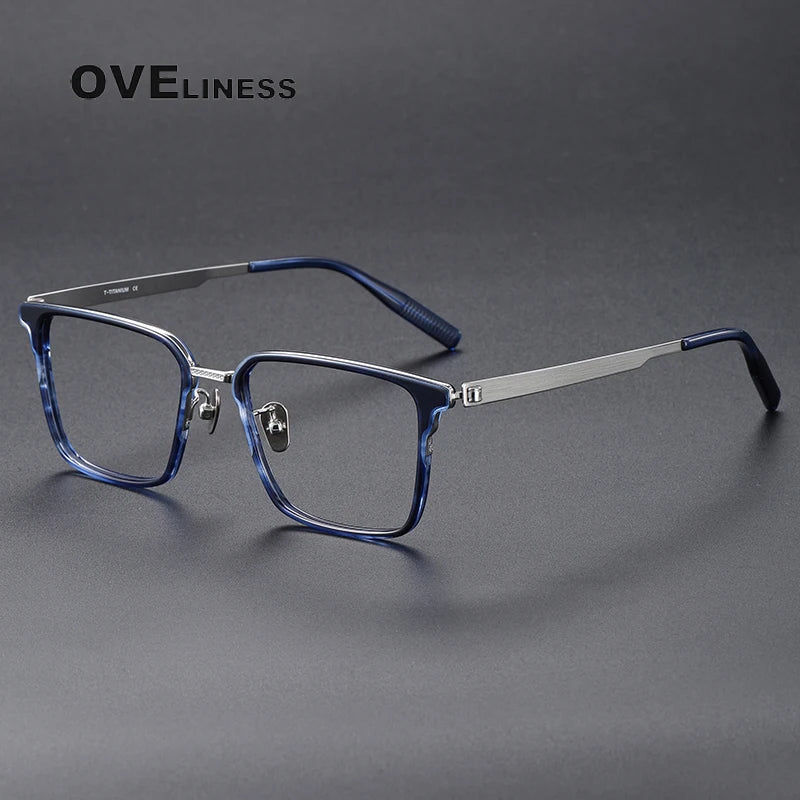 Oveliness Unisex Full Rim Square Screwless Acetate Titanium Eyeglasses 80986 Full Rim Oveliness tortoise blue silver