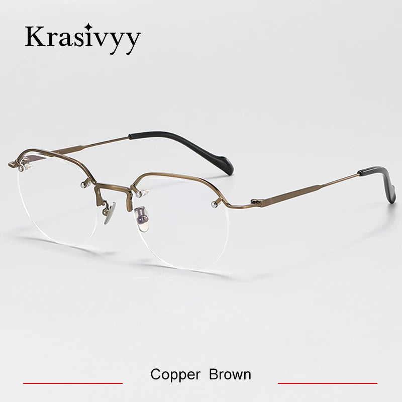 Krasivyy Unisex Semi Rim Flat Top Square Titanium Eyeglasses 94241 Semi Rim Krasivyy Copper Brown