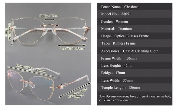 Chashma Women's Rimless Cat Eye Titanium Eyeglasses 88051