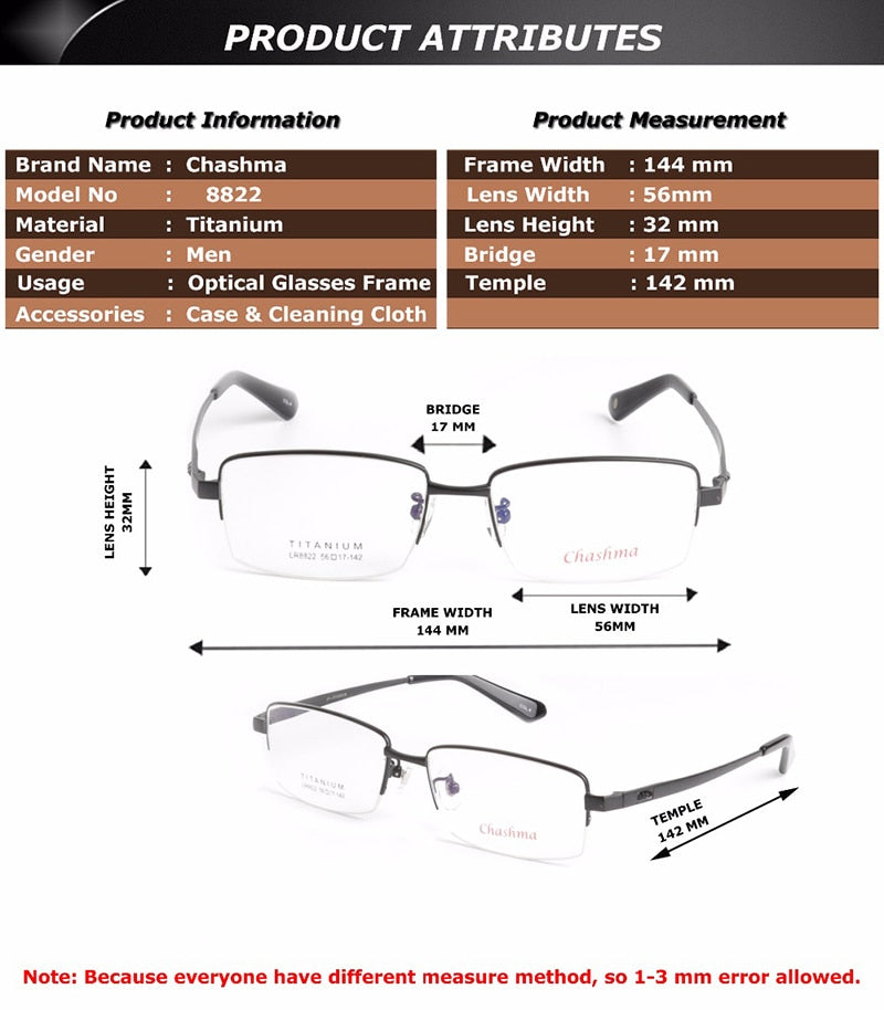 Chashma Men's Semi Rim Square Titanium Eyeglasses 8822 Semi Rim Chashma