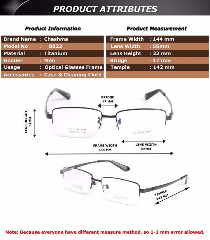 Chashma Men's Semi Rim Square Titanium Eyeglasses 8822 Semi Rim Chashma