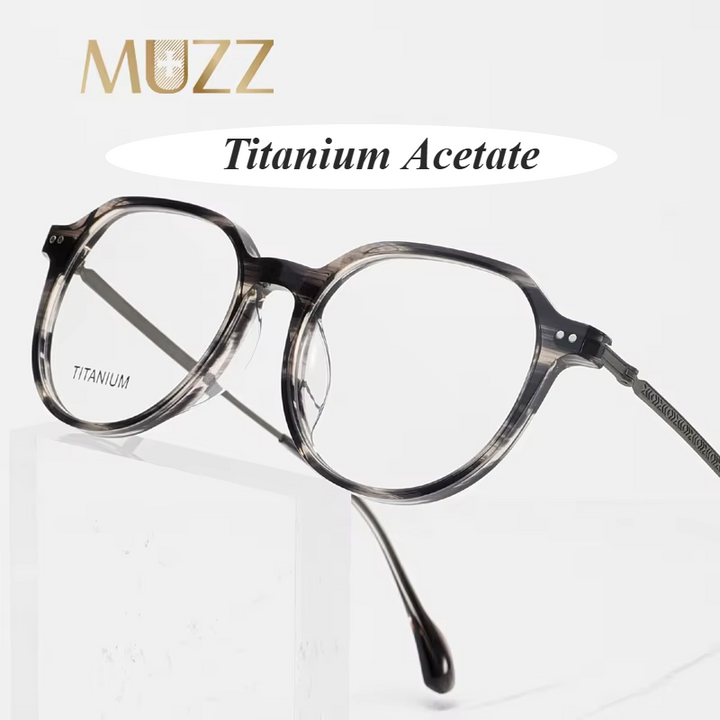 Muzz Men's Full Rim Flat Top Oval Acetate Titanium Eyeglasses 85298 Full Rim Muzz