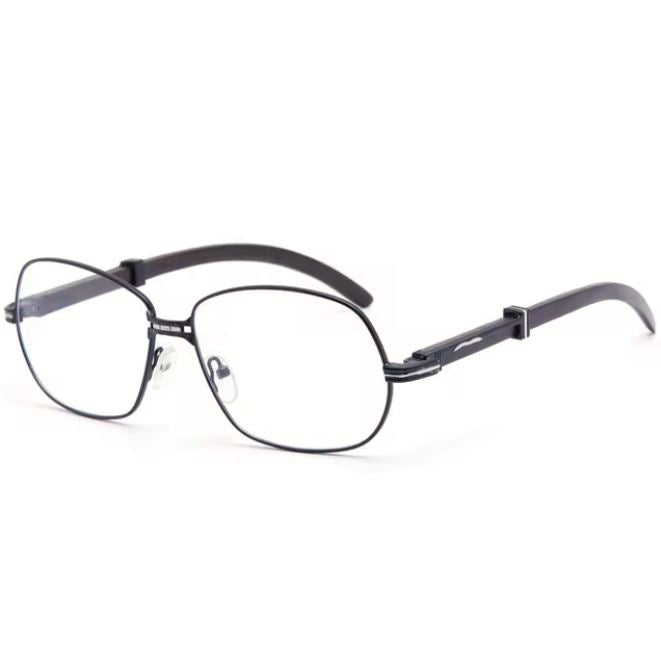 Muzz Men's Full Rim Square Alloy Double Bridge Frame Wood Temple Eyeglasses 1105868 Full Rim Muzz black