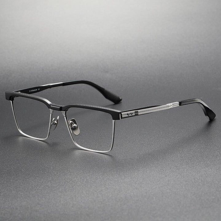 Yimaruili Men's Full Rim Square Acetate Titanium Eyeglasses Dtx137 Full Rim Yimaruili Eyeglasses Black Silver