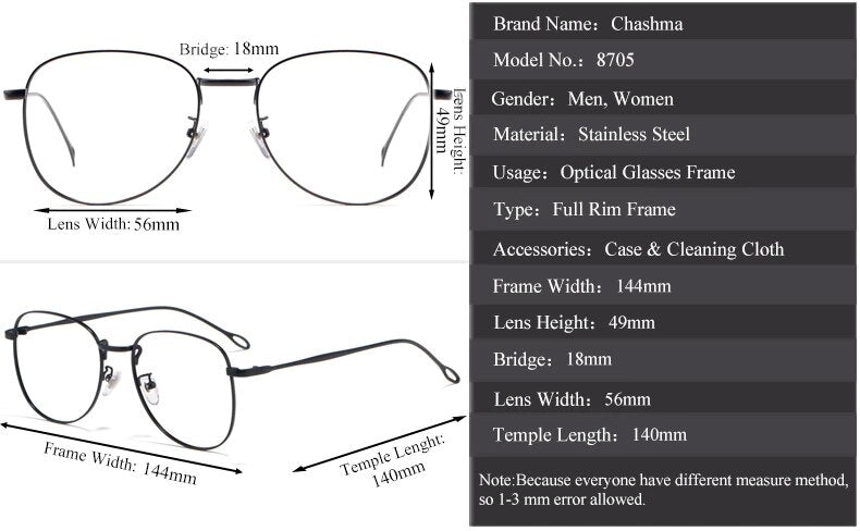 Chashma Ottica Unisex Full Rim Round Square Stainless Steel Eyeglasses Full Rim Chashma Ottica