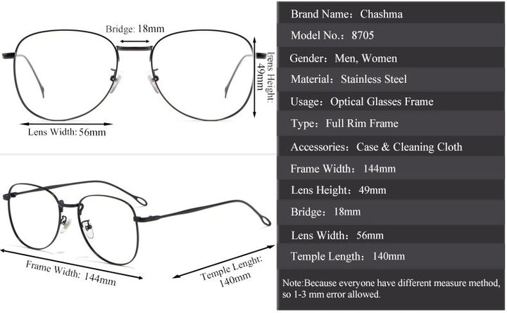Chashma Ottica Unisex Full Rim Round Square Stainless Steel Eyeglasses Full Rim Chashma Ottica