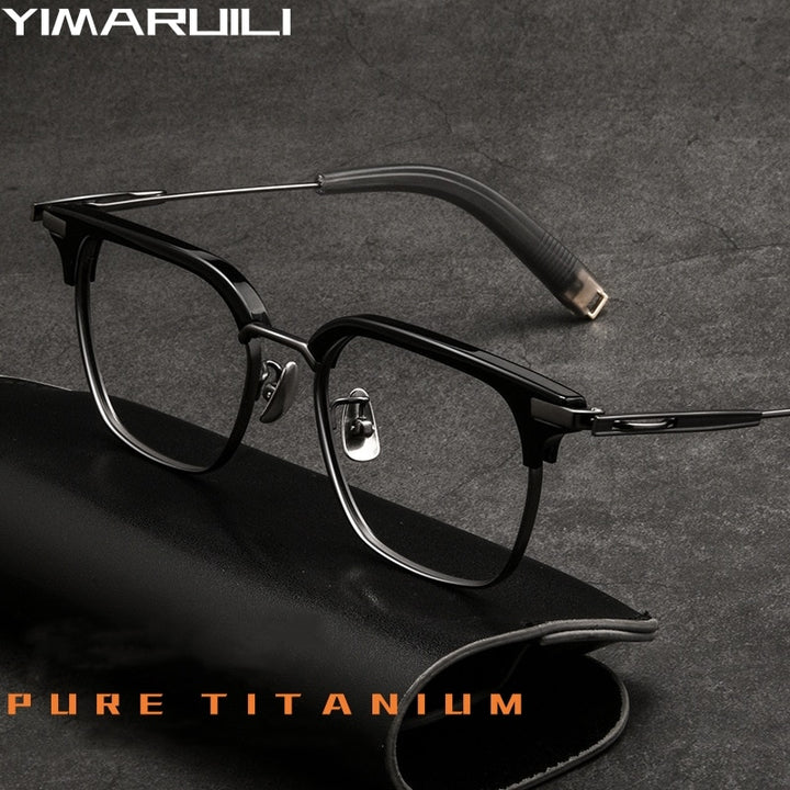 Yimaruili Men's Full Rim Square Acetate Titanium Eyeglasses 2083t Full Rim Yimaruili Eyeglasses