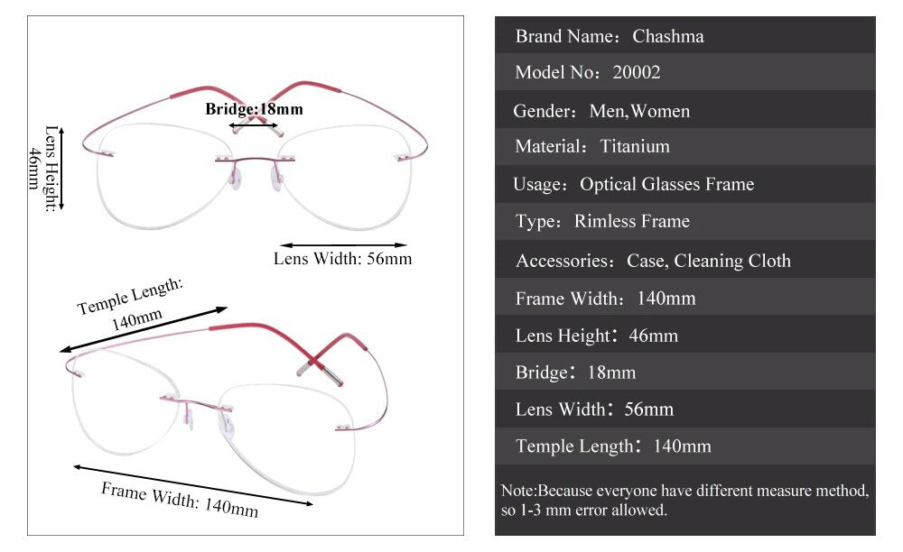 Chashma Ottica Unisex Rimless Irregular Oval Titanium Eyeglasses 20002 Rimless Chashma Ottica