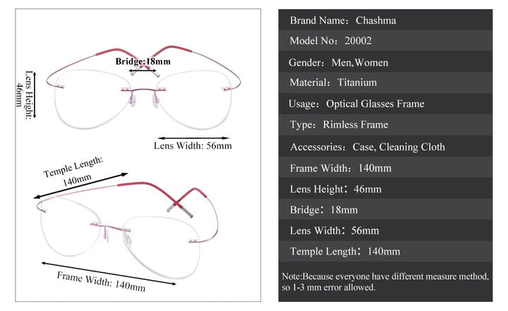 Chashma Ottica Unisex Rimless Irregular Oval Titanium Eyeglasses 20002 Rimless Chashma Ottica