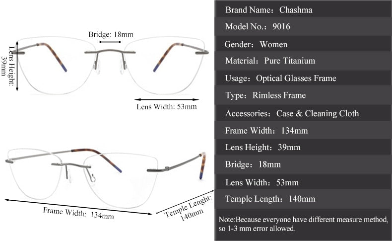 Chashma Ottica Unisex Rimless Rounded Square Cat Eye Titanium Eyeglasses 9016 Rimless Chashma Ottica