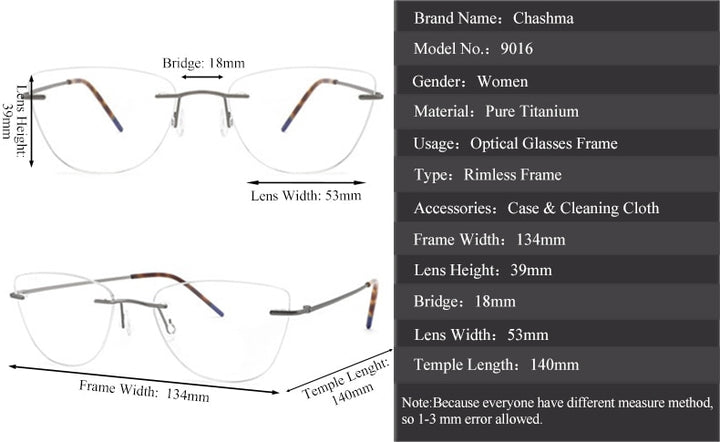 Chashma Ottica Unisex Rimless Rounded Square Cat Eye Titanium Eyeglasses 9016 Rimless Chashma Ottica
