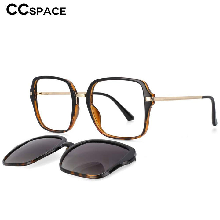 CCspace Unisex Full Rim Square Tr 90 Frame Eyeglasses Clip On Sunglasses 53661 With Clip Ons CCspace