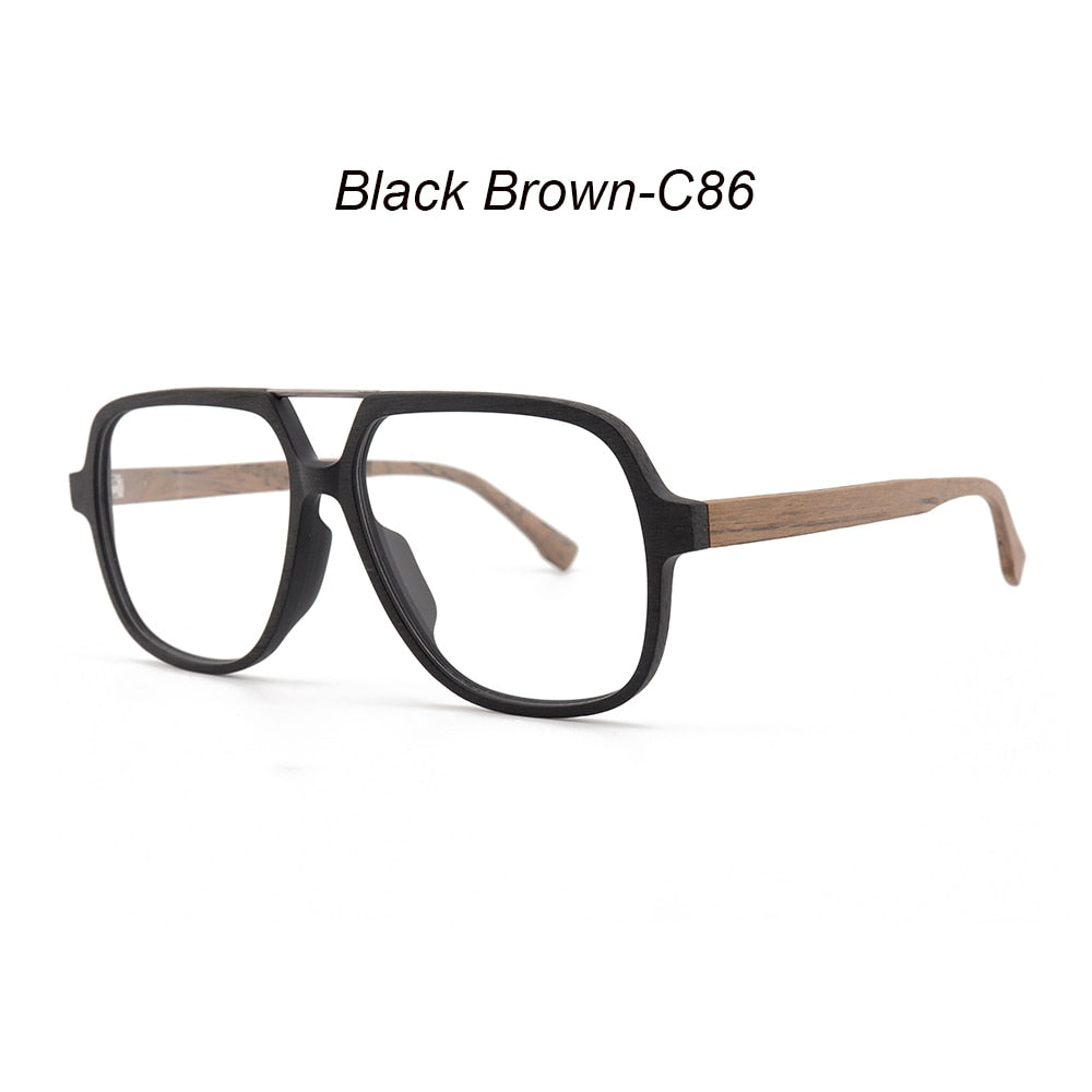 Hdcrafter Unisex Full Rim Polygonal Double Bridge Wood Metal Frame Eyeglasses 6018 Full Rim Hdcrafter Eyeglasses Black Brown-C86