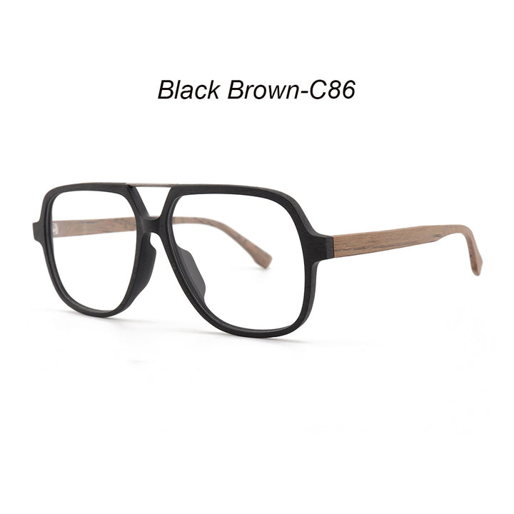 Hdcrafter Unisex Full Rim Polygonal Double Bridge Wood Metal Frame Eyeglasses 6018 Full Rim Hdcrafter Eyeglasses Black Brown-C86