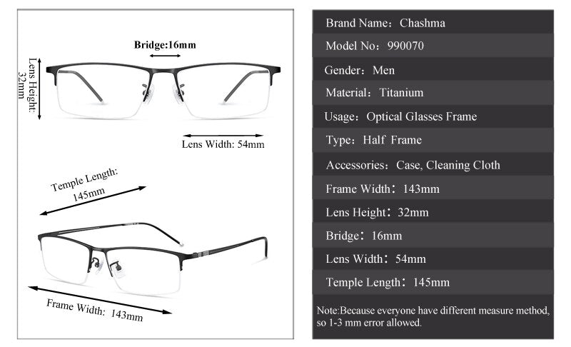 Chashma Ottica Men's Semi Rim Square Titanium Eyeglasses 990070 Semi Rim Chashma Ottica
