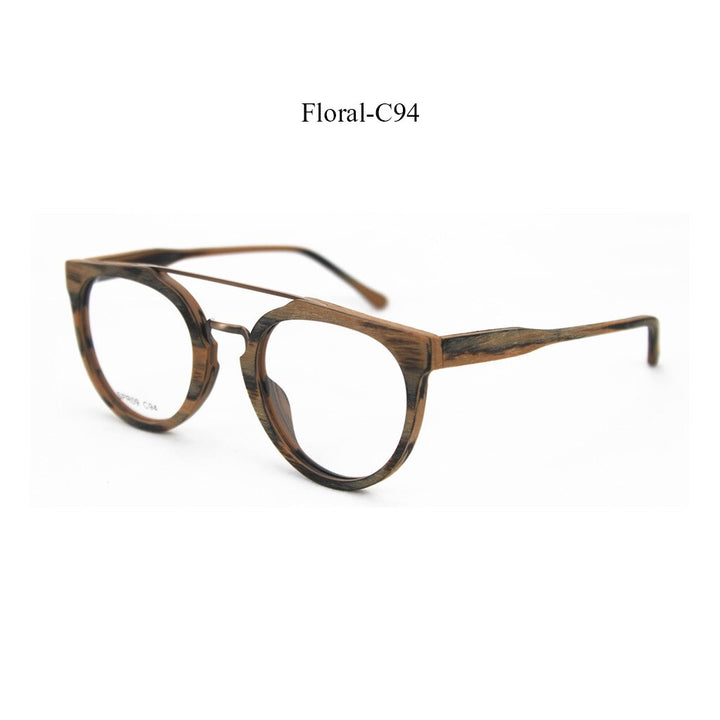 Hdcrafter Unisex Full Rim Round Wood Metal Acetate Double Bridge Frame Eyeglasses Spr09 Full Rim Hdcrafter Eyeglasses Floral-C94  