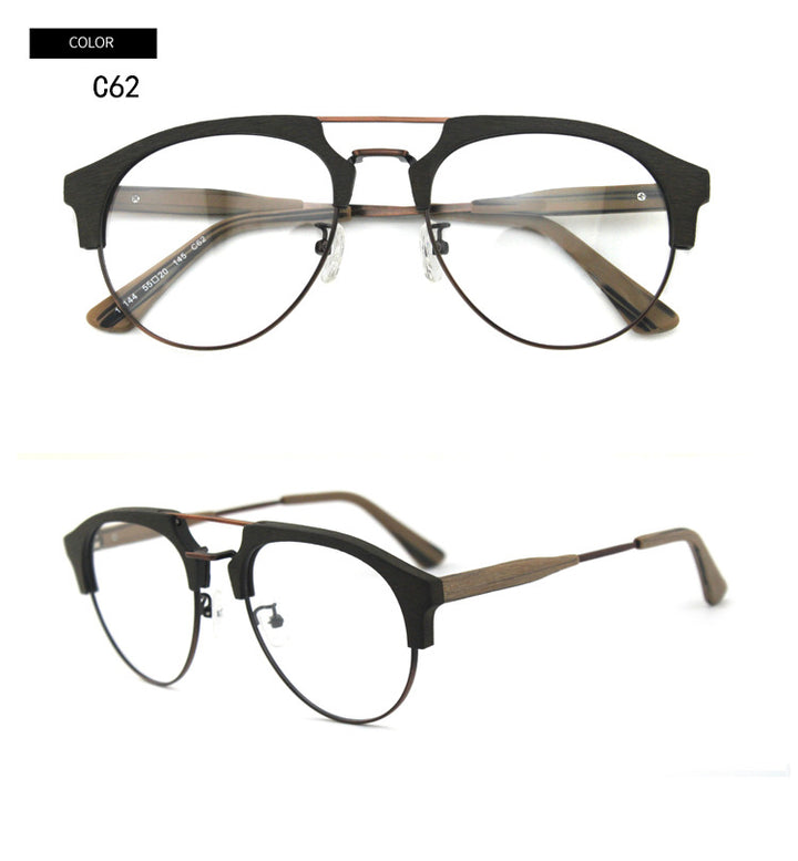 Hdcrafter Men's Full Rim Round Double Bridge Wood Metal Frame Eyeglasses 15144 Full Rim Hdcrafter Eyeglasses