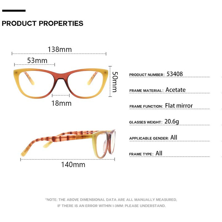 CCspace Unisex Full Rim Oval Cat Eye Acetate Frame Eyeglasses 53408 Full Rim CCspace