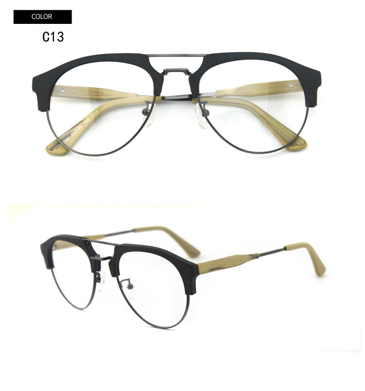 Hdcrafter Men's Full Rim Round Double Bridge Wood Metal Frame Eyeglasses 15144 Full Rim Hdcrafter Eyeglasses