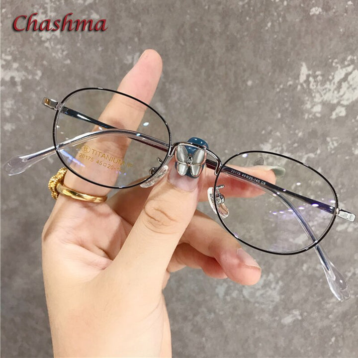 Chashma Ochki Unisex Full Rim Small Round Titanium Eyeglasses 20175 Full Rim Chashma Ochki Black Silver