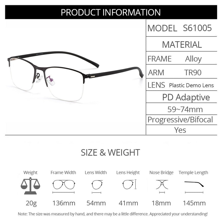 Gmei Men's Semi Rim Square Tr 90 Alloy Eyeglasses S61005 Semi Rim Gmei Optical