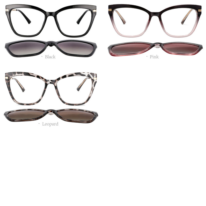 CCspace Unisex Full Rim Square Cat Eye Tr 90 Titanium Eyeglasses Clip On Sunglasses 53684 With Clip Ons CCspace