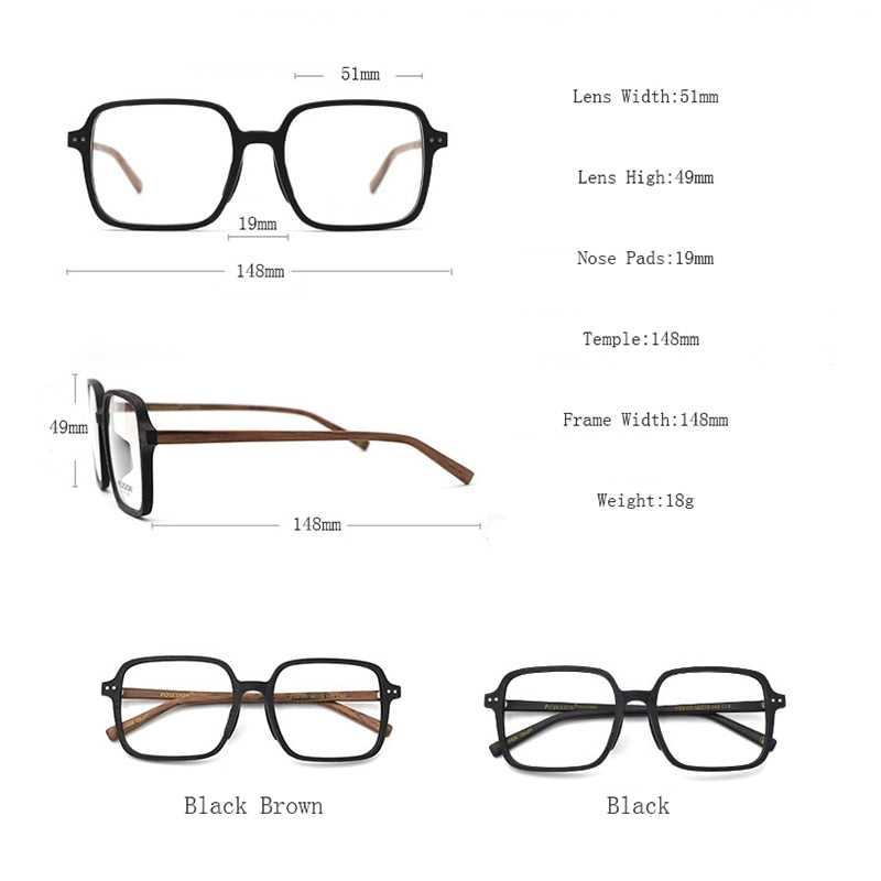 Hdcrafter Unisex Full Rim Oversized Square Wood Frame Eyeglasses 9105 Full Rim Hdcrafter Eyeglasses