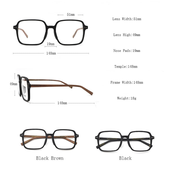 Hdcrafter Unisex Full Rim Oversized Square Wood Frame Eyeglasses 9105 Full Rim Hdcrafter Eyeglasses