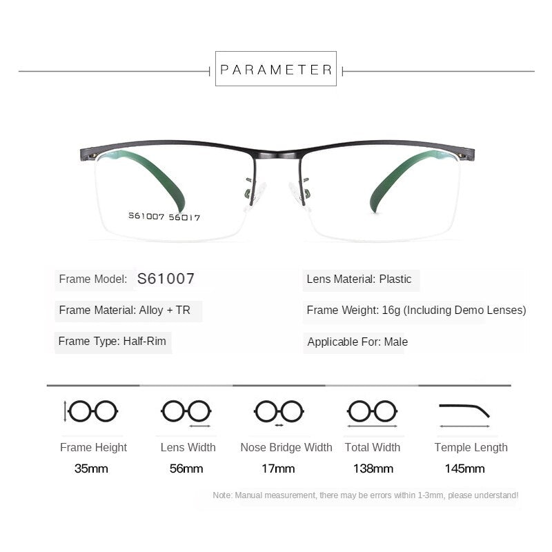 Gmei Men's Eyeglasses Browline Half Rim Metal Alloy S61007 Semi Rim Gmei Optical