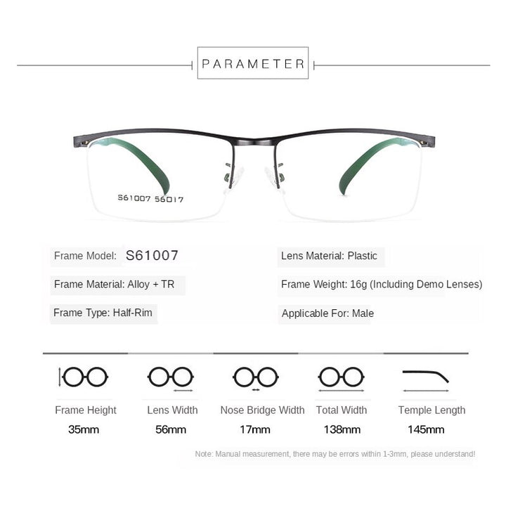 Gmei Men's Eyeglasses Browline Half Rim Metal Alloy S61007 Semi Rim Gmei Optical