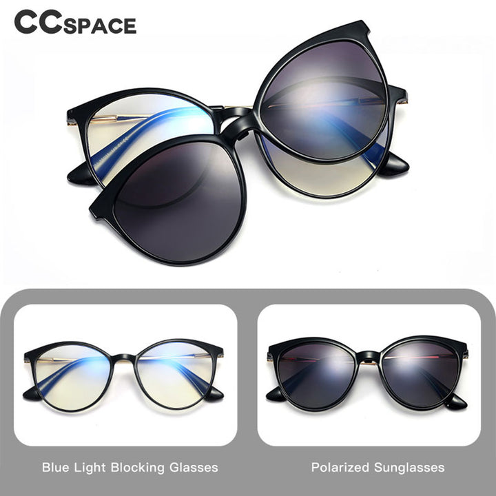 CCspace Unisex Full Rim Round Cat Eye Tr 90 Titanium Frame Eyeglasses Clip On Sunglasses 48344 With Clip Ons CCspace