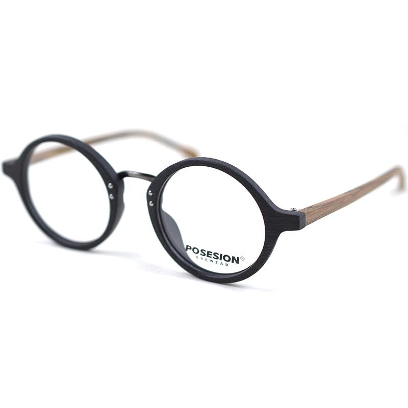 Hdcrafter Men's Full Rim Round Metal Wood Frame Eyeglasses Ps6084 Full Rim Hdcrafter Eyeglasses   