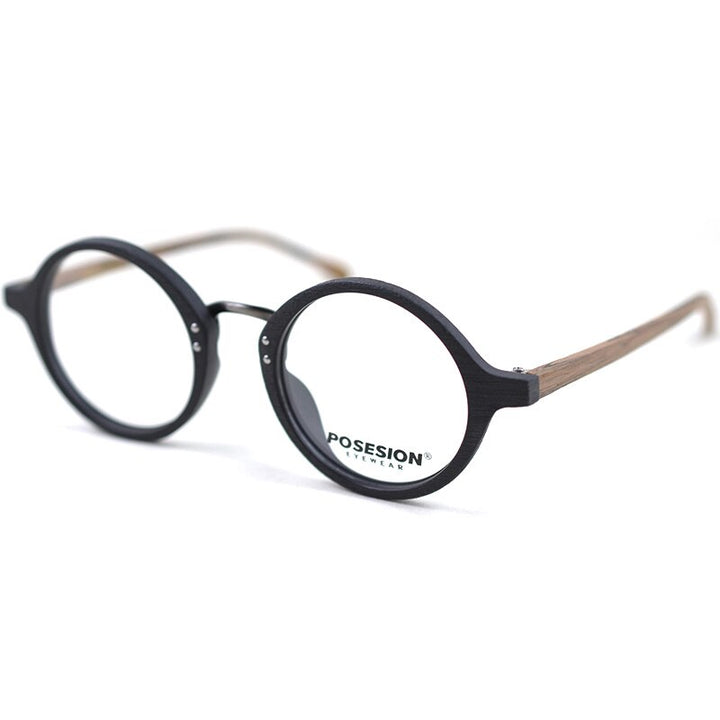 Hdcrafter Men's Full Rim Round Metal Wood Frame Eyeglasses Ps6084 Full Rim Hdcrafter Eyeglasses