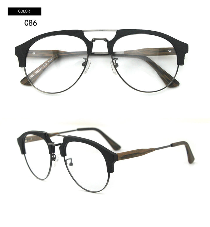 Hdcrafter Men's Full Rim Round Double Bridge Wood Metal Frame Eyeglasses 15144 Full Rim Hdcrafter Eyeglasses