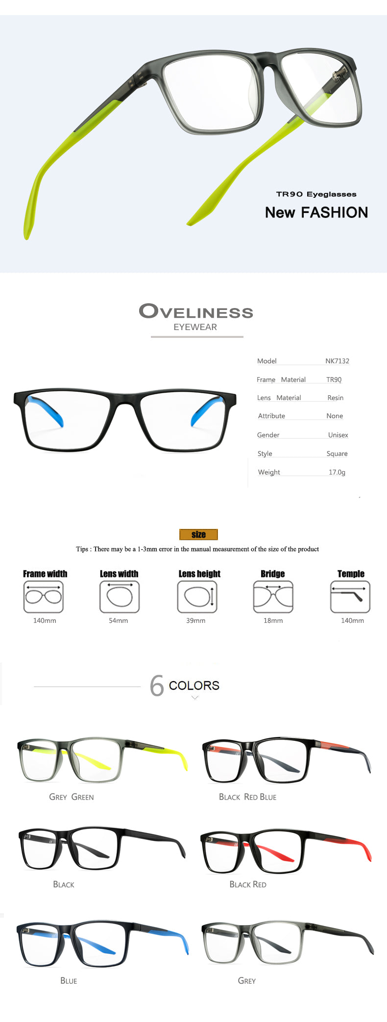 Oveliness Unisex Full Rim Square Tr 90 Titanium Eyeglasses Ol71p32 Full Rim Oveliness