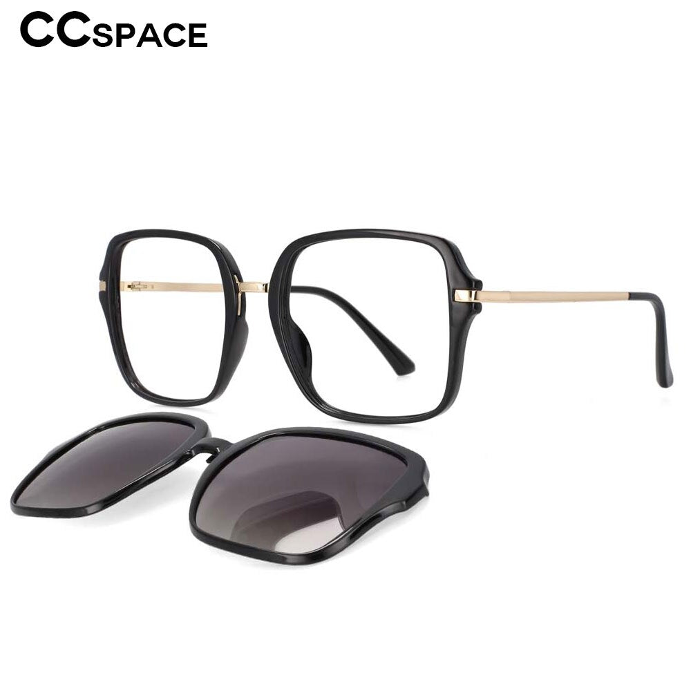 CCspace Unisex Full Rim Square Tr 90 Frame Eyeglasses Clip On Sunglasses 53661 With Clip Ons CCspace