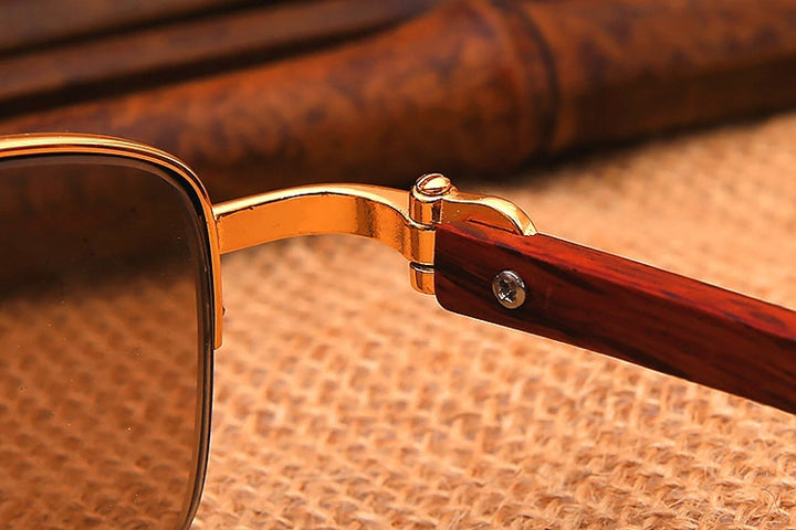 Vazrobe Unisex Semi Rim Rectangle Wood Titanium UV400 Sunglasses 3757 Sunglasses Vazrobe