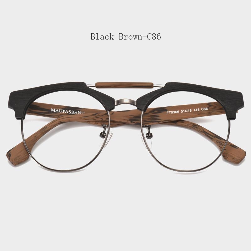 Hdcrafter Unisex Full Rim Round Wood Alloy Double Bridge Frame Eyeglasses Ft0366 Full Rim Hdcrafter Eyeglasses Black Brown-C86