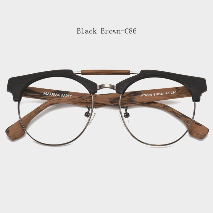 Hdcrafter Unisex Full Rim Round Wood Alloy Double Bridge Frame Eyeglasses Ft0366 Full Rim Hdcrafter Eyeglasses Black Brown-C86