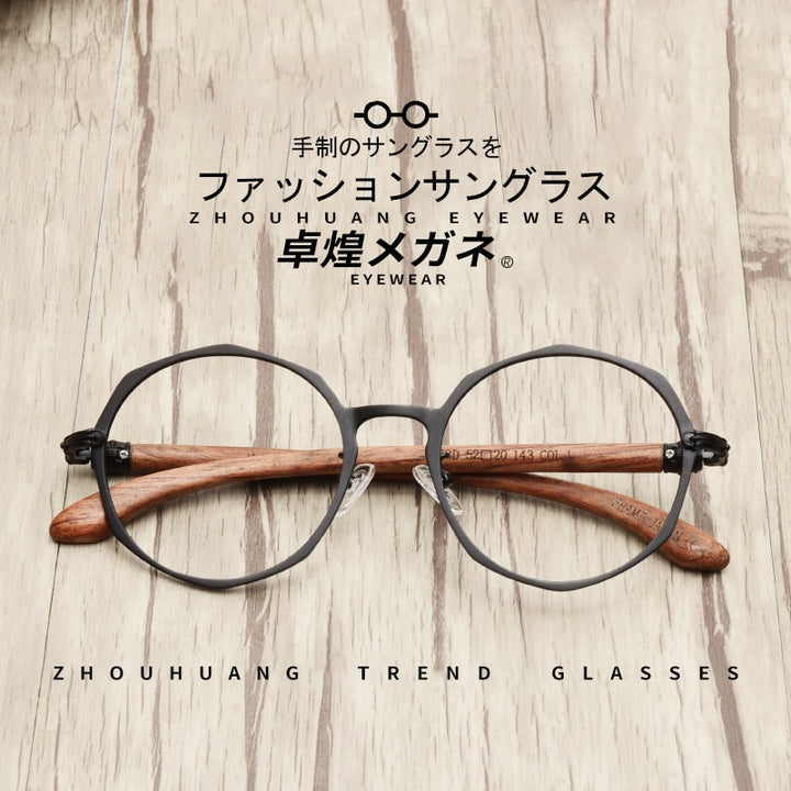 Hdcrafter Unisex Full Rim Round Acetate Alloy Frame Wood Temple Eyeglasses 7578d Full Rim Hdcrafter Eyeglasses