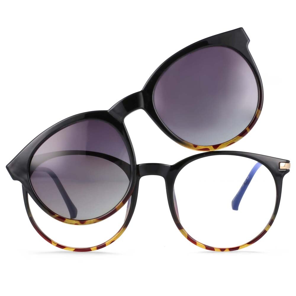 CCspace Unisex Full Rim Round Tr 90 Titanium Frame Eyeglasses Clip On Sunglasses 54044 With Clip Ons CCspace black-leopard
