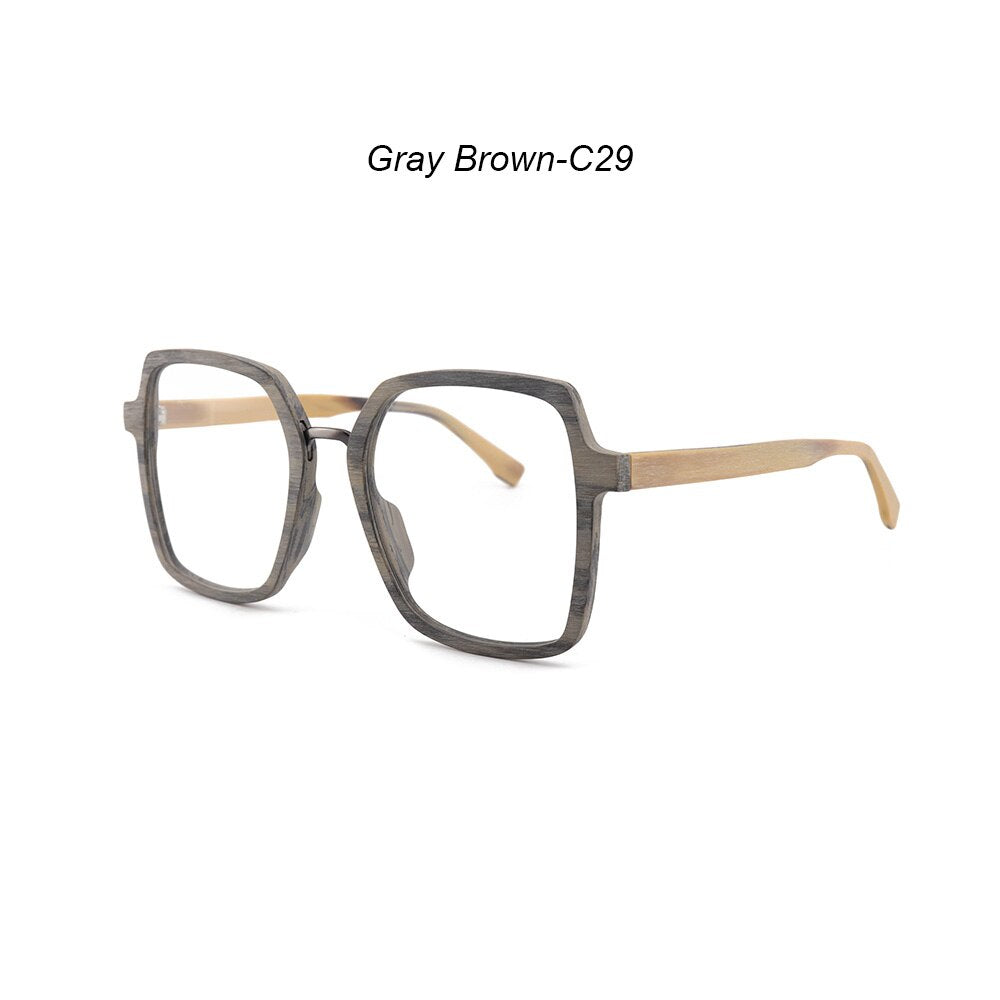 Hdcrafter Unisex Full Rim Polygonal Wood Frame Eyeglasses 6109 Full Rim Hdcrafter Eyeglasses Gray Brown-C29