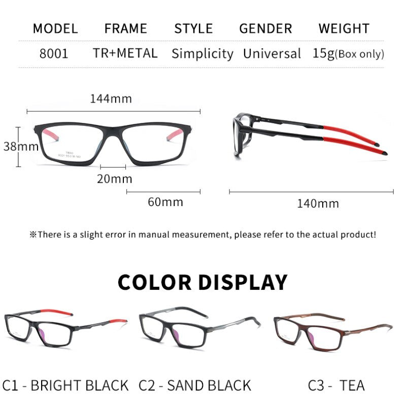 Handoer Unisex Full Rim Square Tr 90 Alloy Eyeglasses 8001 Full Rim Handoer