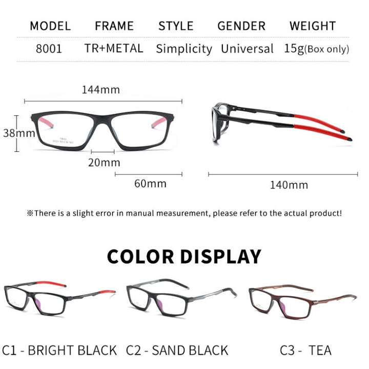 Handoer Unisex Full Rim Square Tr 90 Alloy Eyeglasses 8001 Full Rim Handoer