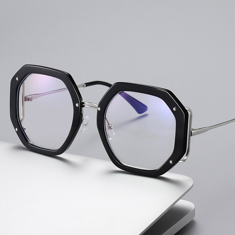 Hotony Women's Full Rim Polygonal Round TR 90 Resin Alloy Frame Eyeglasses 95243 Full Rim Hotony