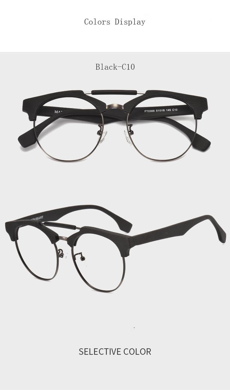 Hdcrafter Unisex Full Rim Round Wood Alloy Double Bridge Frame Eyeglasses Ft0366 Full Rim Hdcrafter Eyeglasses