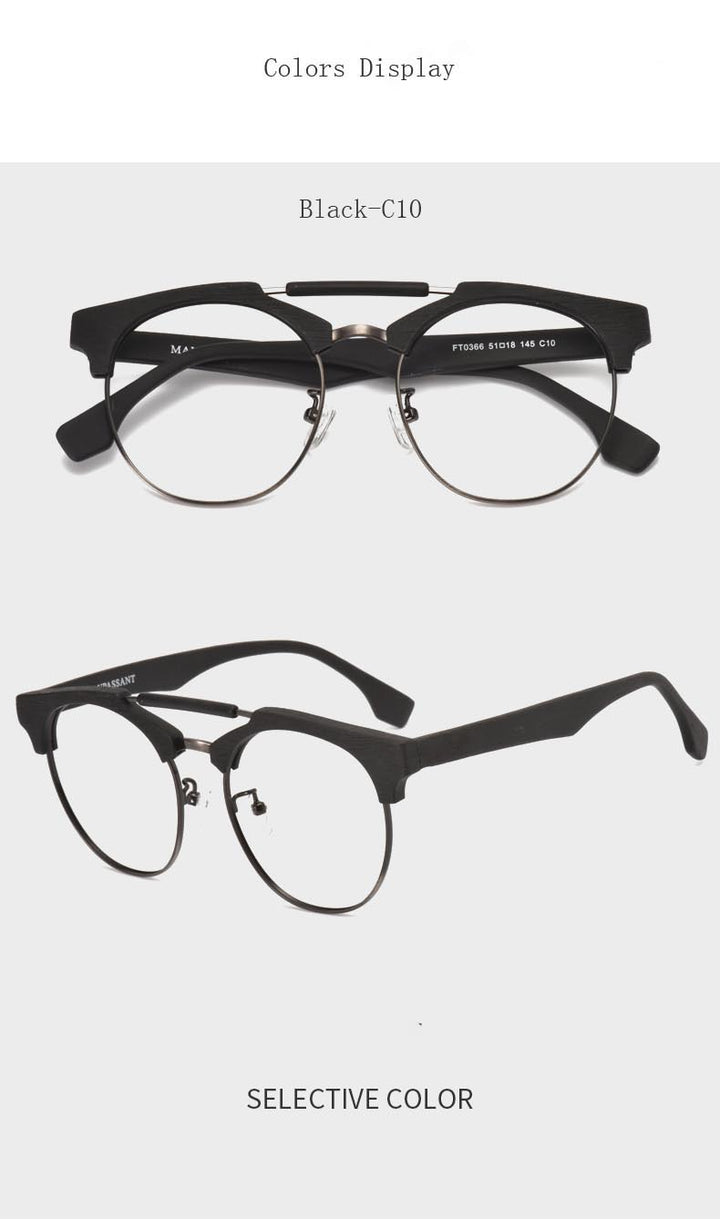 Hdcrafter Unisex Full Rim Round Wood Alloy Double Bridge Frame Eyeglasses Ft0366 Full Rim Hdcrafter Eyeglasses